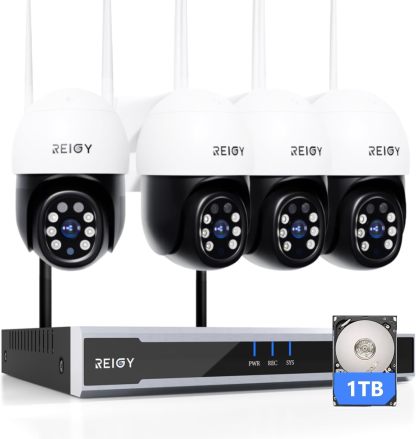 REIGY 5MP Système Surveillance WiFi Exterieure avec 1TB Disque Dur, Kit Camera Videosurveillance 16CH NVR + 4X Camera(2880 * 1620p), Audio Bidirectionnel Vision Nocturne Colorée IP66 Imperméable