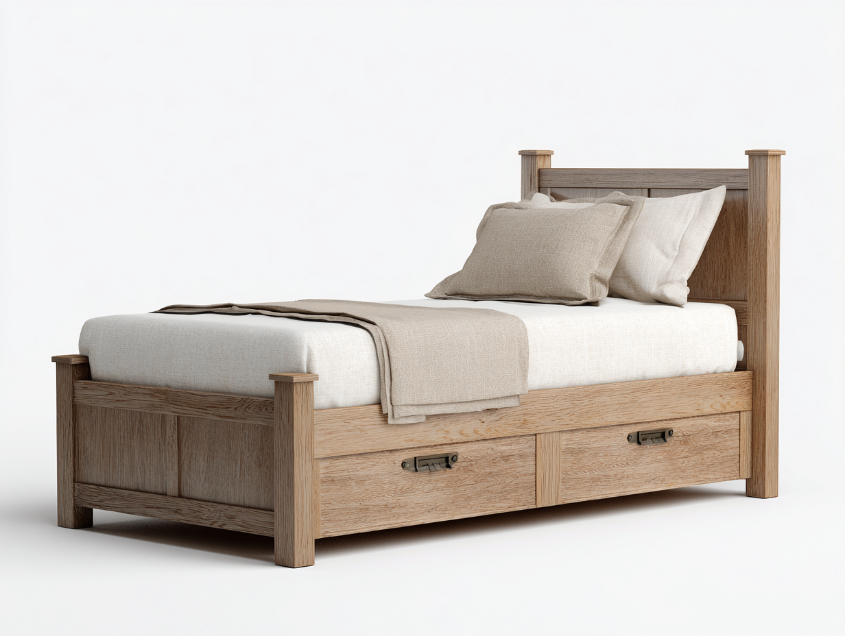 Lit simple 200x100x95 cm - bois naturel - avec 2 espaces de rangement