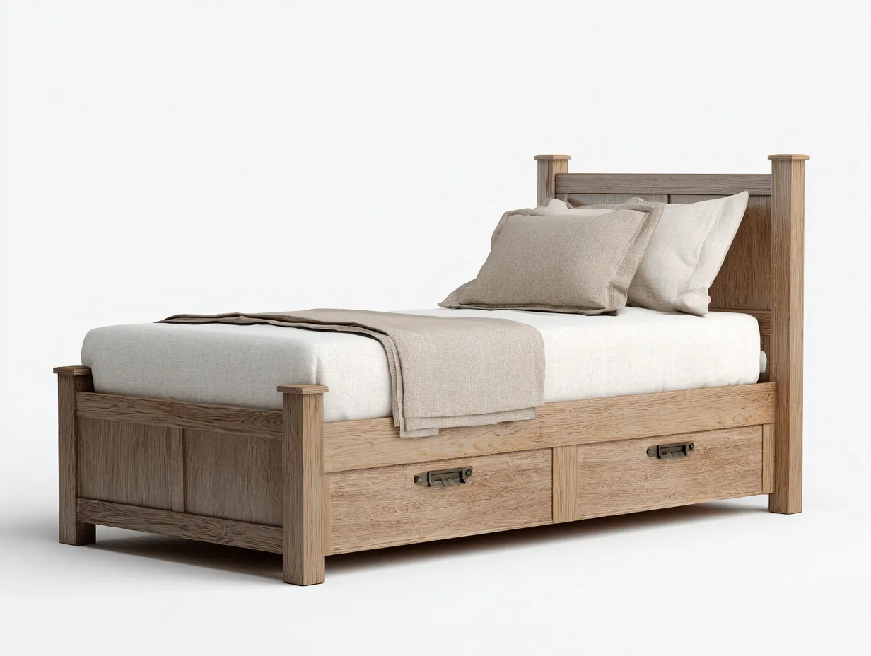 Lit simple 200x100x95 cm - bois naturel - avec 2 espaces de rangement