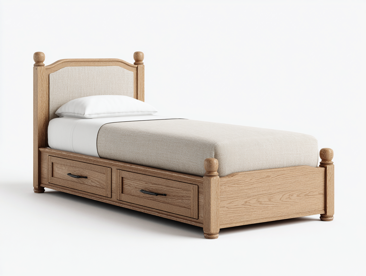 Lit simple avec espace de rangement - bois - 198x98x105 cm - chêne clair/beige - design classique