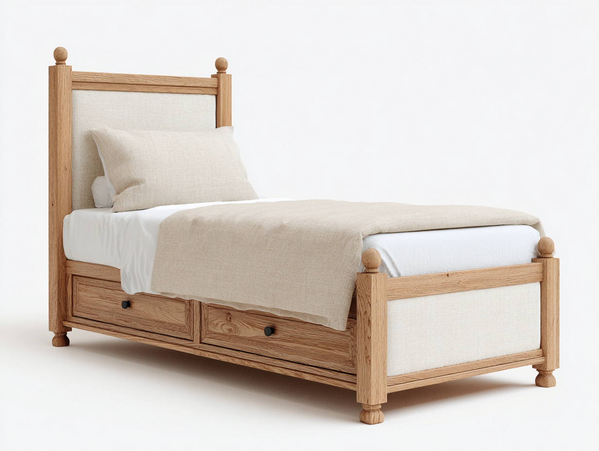 Lit simple 200x100x110 cm - bois naturel/beige - avec 2 espaces de rangement