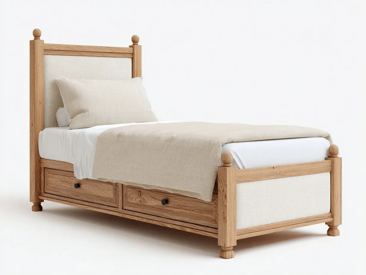 Lit simple 200x100x110 cm - bois naturel/beige - avec 2 espaces de rangement