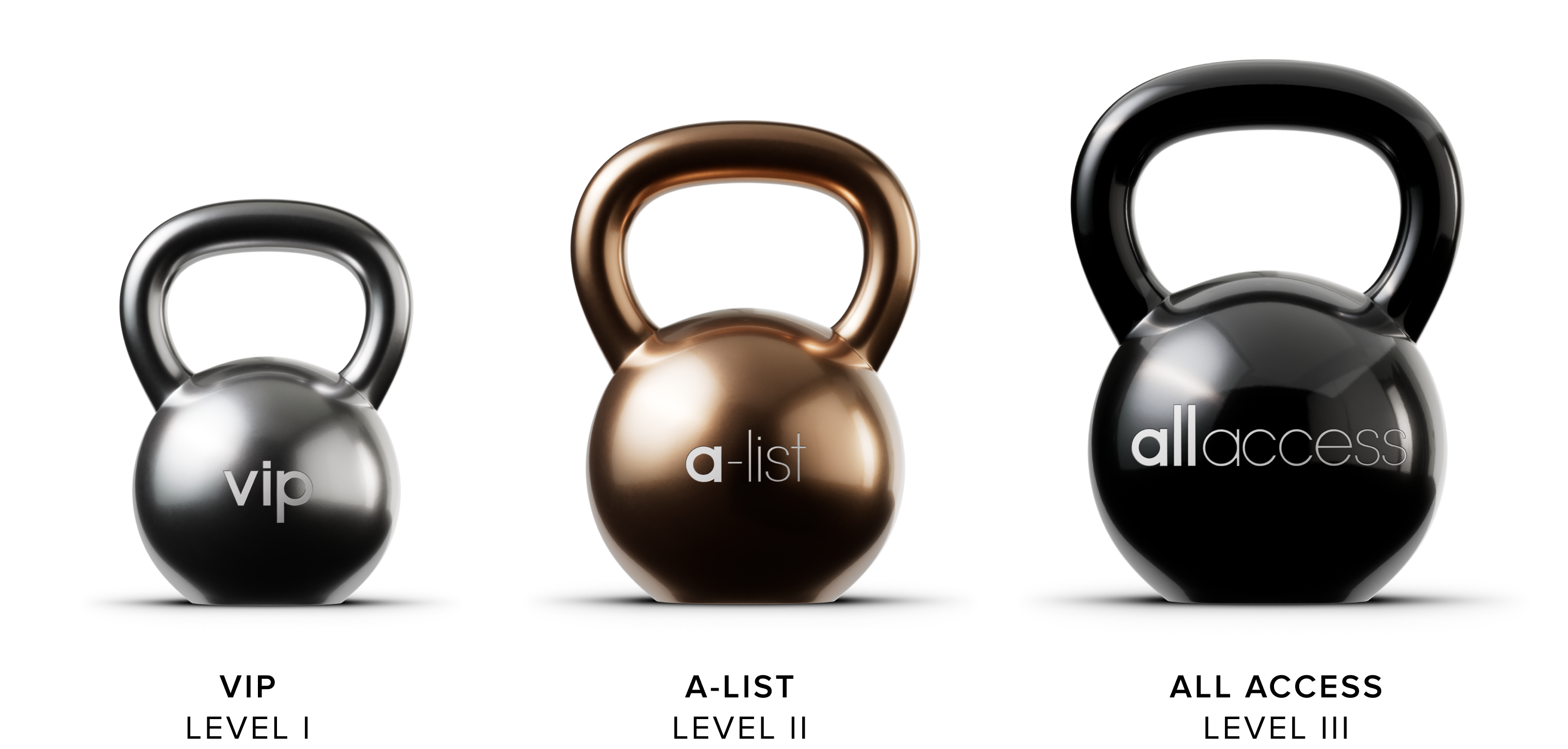 Three kettle bells in ascending sizes, representing each tier of membership