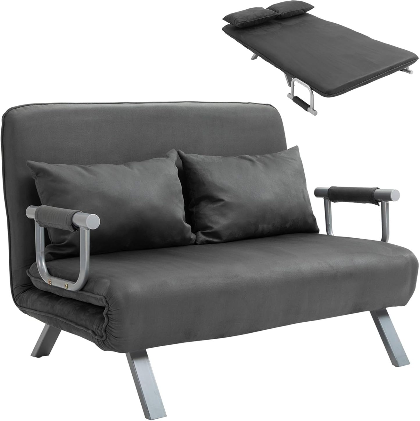 HOMCOM Canapé-lit 2 Places, Fauteuil Convertible avec Dossier réglable en 5 Positions, Chaise Longue avec 2 Coussins Inclus, canapé en revêtement Aspect suède déhoussable, 111x80x78cm, Gris foncé
