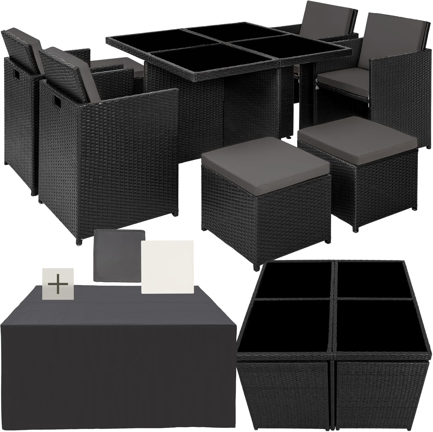 TecTake Salon de Jardin Extérieur 8 Places - 4 Chaises Confortables, 4 Tabourets, Table en Poly Rotin - Mobilier pour Aménagement Balcon Terrasse - Noir