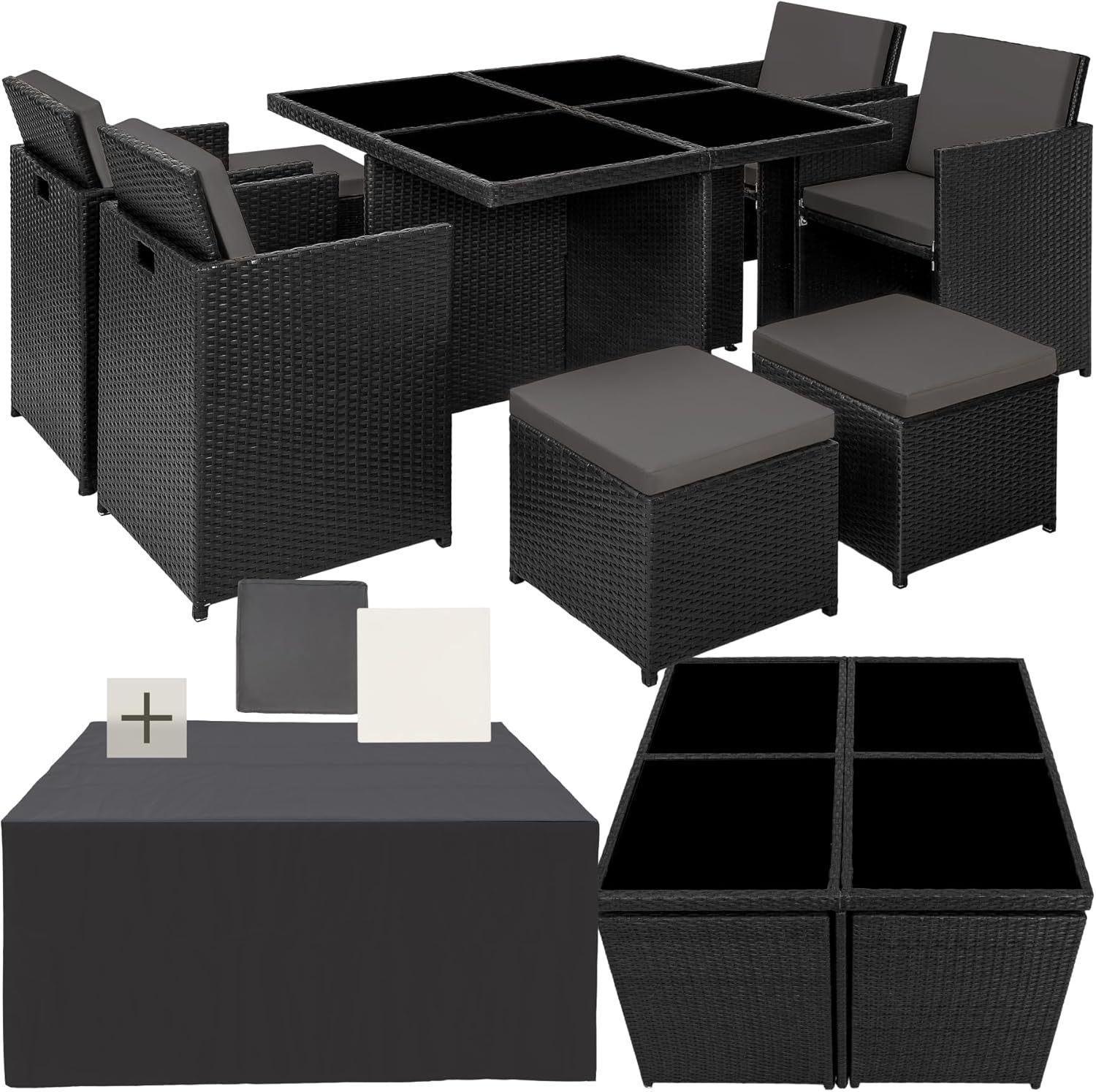 TecTake Salon de Jardin Extérieur 8 Places - 4 Chaises Confortables, 4 Tabourets, Table en Poly Rotin - Mobilier pour Aménagement Balcon Terrasse - Noir