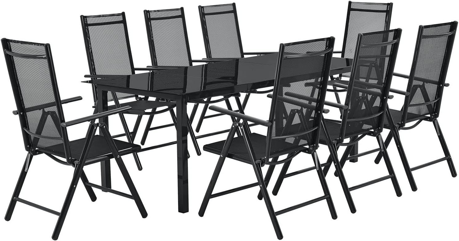 Juskys Salon de Jardin Milano en Aluminium 8+1 — 8 chaises à Haut Dossier réglables et Pliables avec Table — Ensemble de Meubles de Jardin 9 pièces résistant aux intempéries — Gris