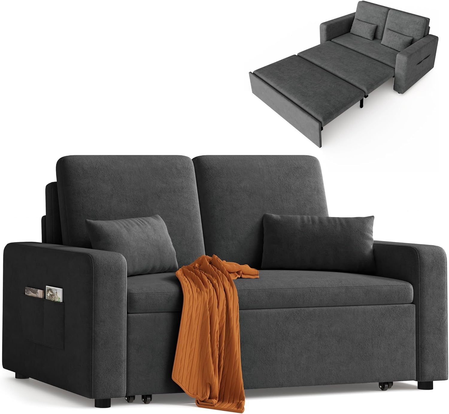 Xbro Canape lit 2 Places Convertible 147x196x87 cm, Canapé-lit 2 Places Extensible à 4 roulettes, Sofa-lit Moderne en Velours, Gris foncé