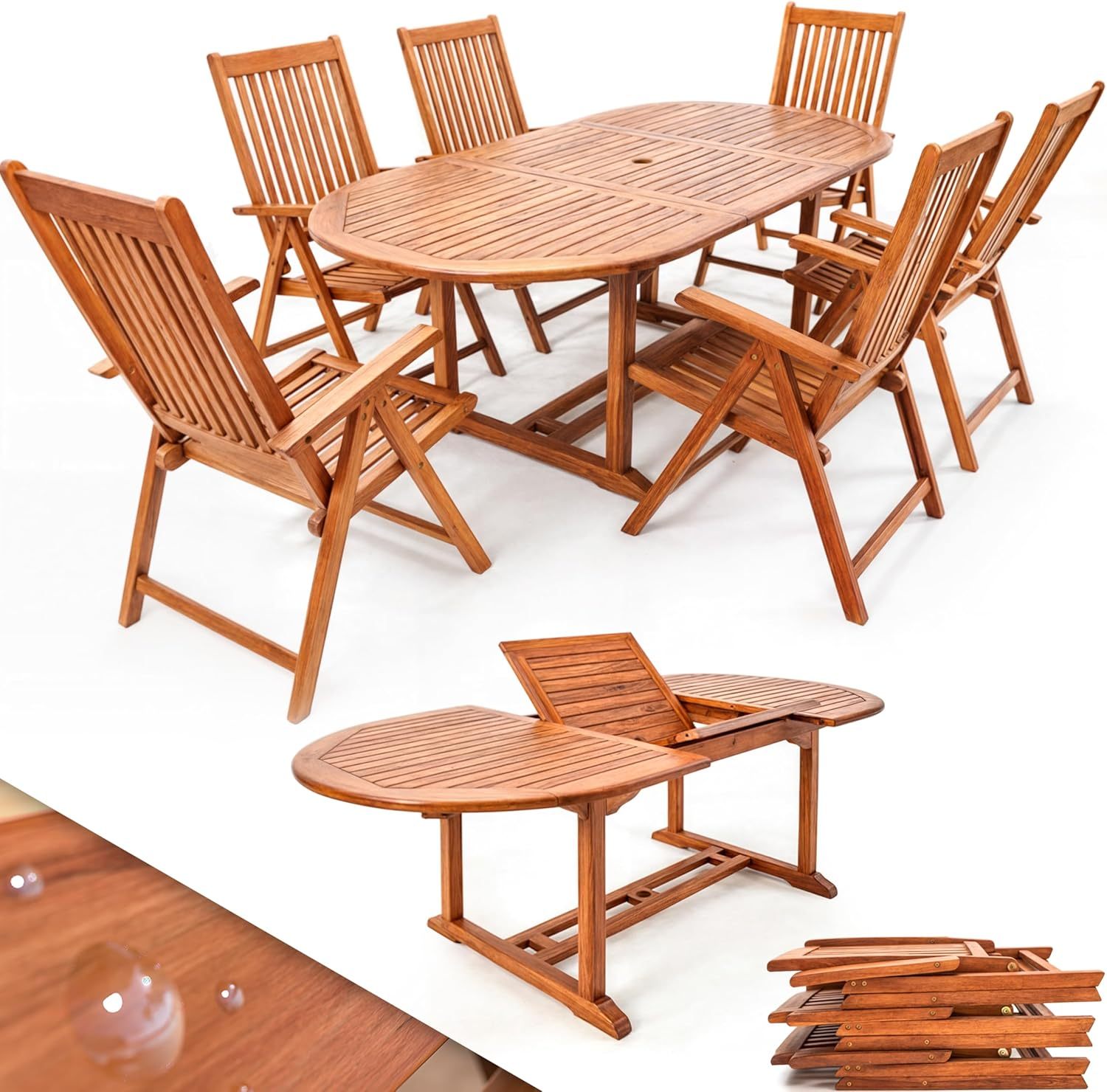 Casaria Ensemble de Salon de Jardin Vanamo 1 Table Extensible Type Papillon 6 chaises Bois d'eucalyptus certifié FSC