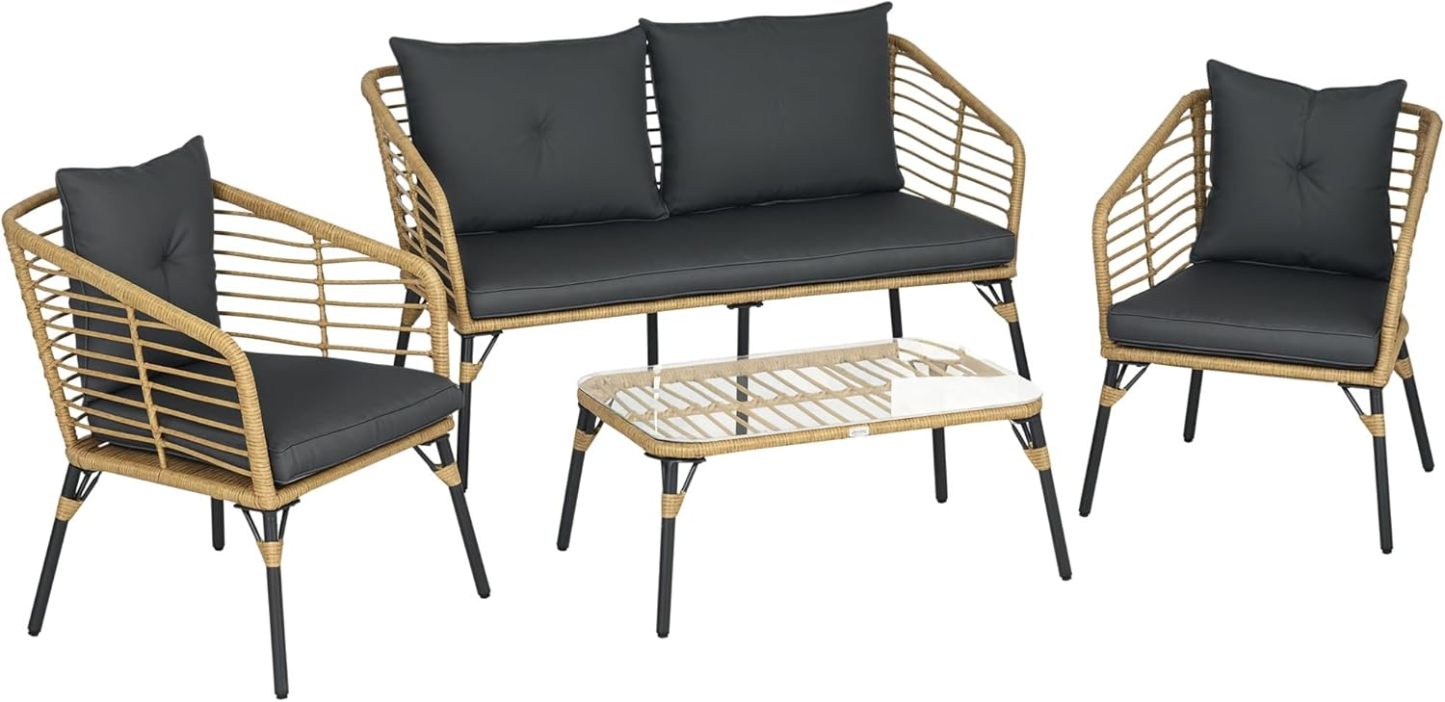 Outsunny Ensemble Salon de Jardin 4 pièces canapé 2 Places + 2 fauteuils + 1 Table Basse avec 7 Coussins - métal et résine Imitation rotin - Sable et Gris foncé