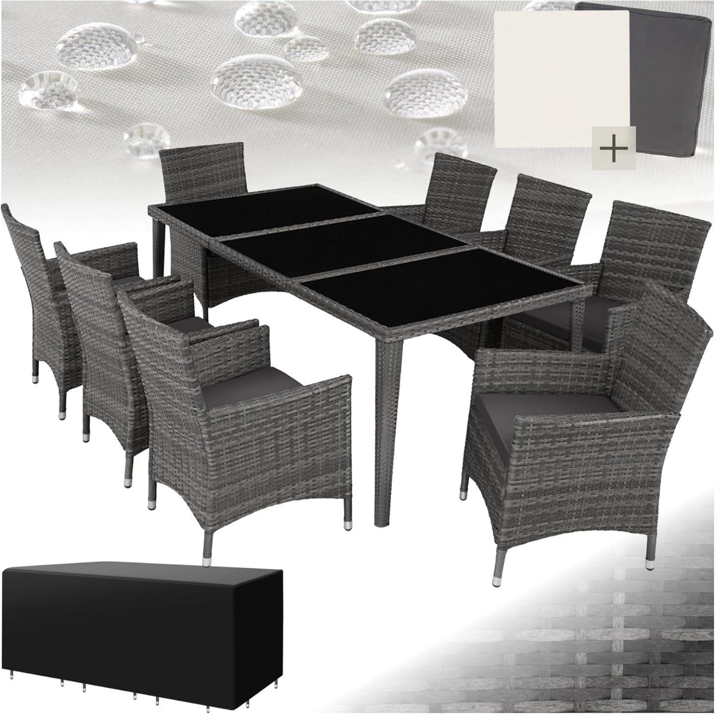TecTake Salon de jardin extérieur en aluminium - 8 fauteuils en rotin, 1 table, sets housses lavables et protectrices - Mobilier facile d'entretien