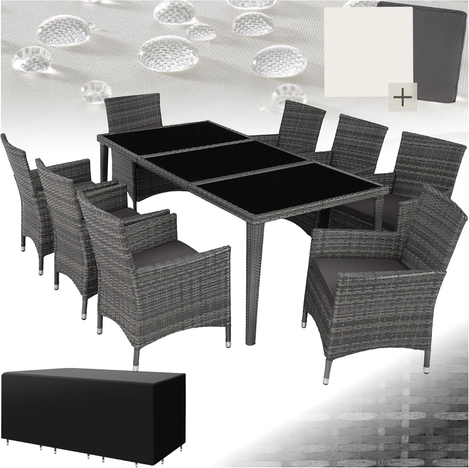 TecTake Salon de jardin extérieur en aluminium - 8 fauteuils en rotin, 1 table, sets housses lavables et protectrices - Mobilier facile d'entretien