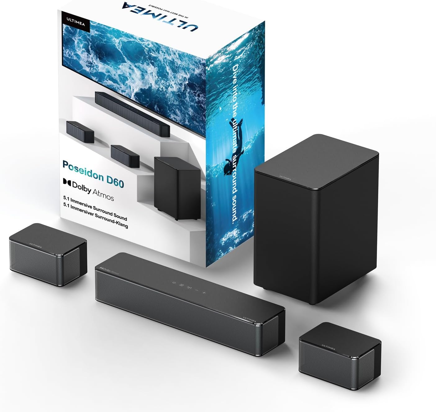 ULTIMEA Barre de Son Dolby Atmos 5.1, Système de Son Surround 3D Barre de Son TV avec Caisson de Basse sans Fil, Enceintes TV Home Cinema Bass Réglable, Série Poseidon D60, Modèle 2023