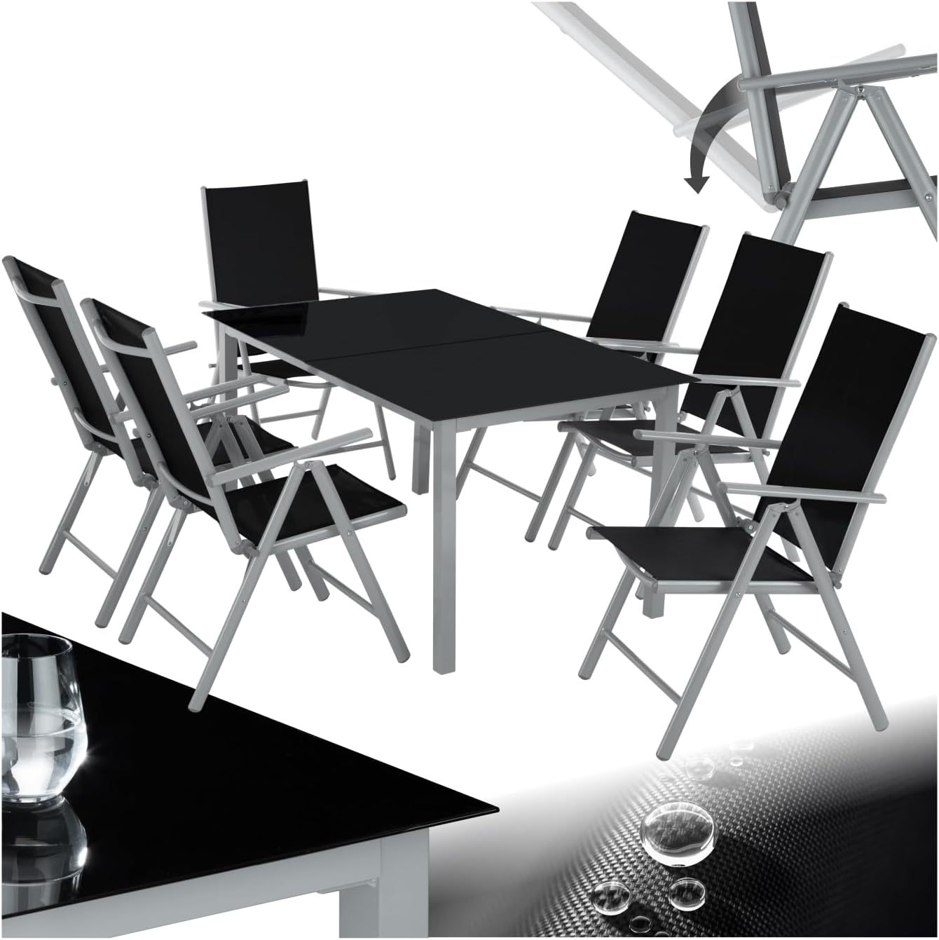 TecTake Salon de Jardin Extérieur en Aluminium - 6 Fauteuils Inclinables Pliables, 1 Table - Facile d'Entretien, Mobilier pour Aménagement Balcon Terrasse