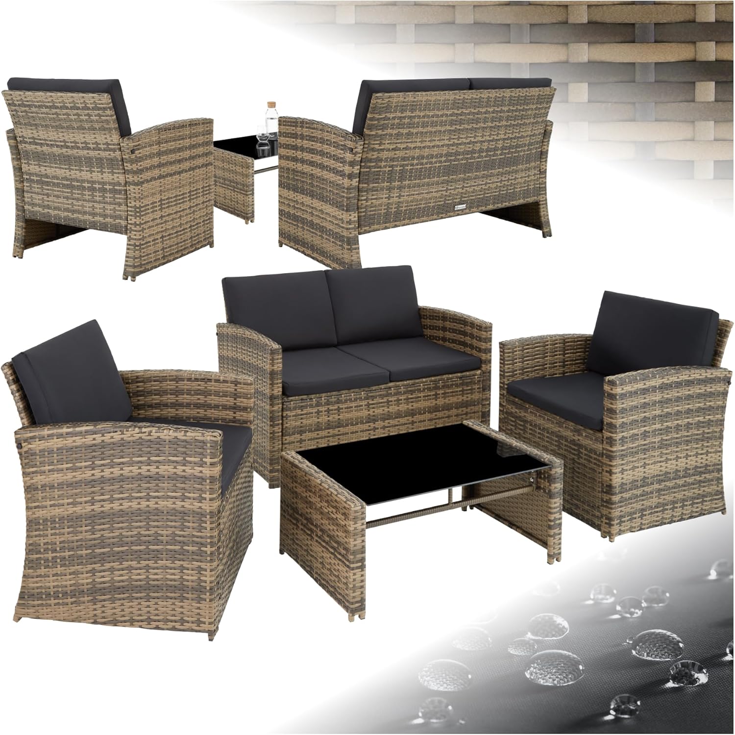 TecTake Salon de Jardin Exterieur en Résine ressée 4 Places Table de Jardin, 1 Canapé, 2 Fauteuils, Coussins Inclus, Mobilier de Jardin - Marron Naturel/Gris foncé