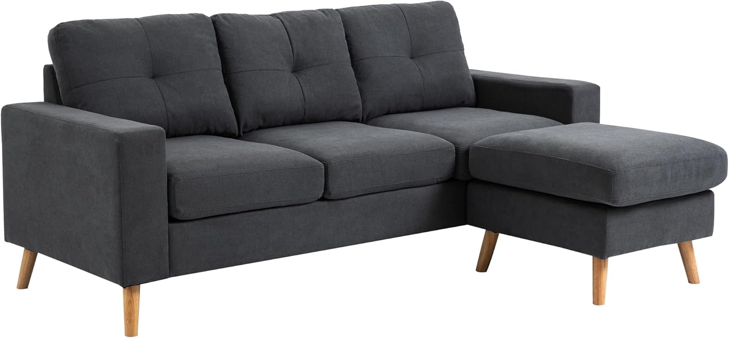 HOMCOM Canapé d'angle en Tissu de Lin, canapé 3 Places, Chaise Longue Reversible Gauche ou Droite, 193 cm, Design scandinave, pour Salon, Appartement, Petit Espace, Pieds en Bois Massif, Gris foncé