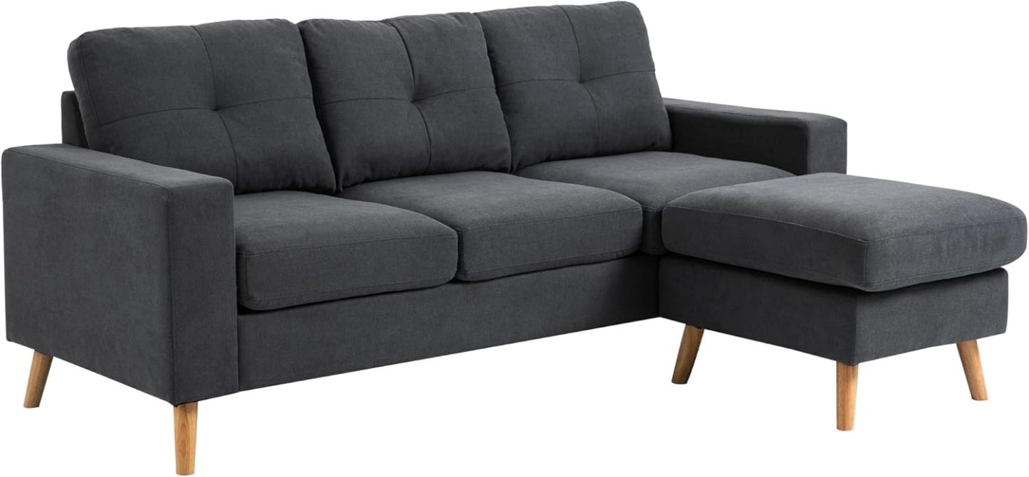 HOMCOM Canapé d'angle en Tissu de Lin, canapé 3 Places, Chaise Longue Reversible Gauche ou Droite, 193 cm, Design scandinave, pour Salon, Appartement, Petit Espace, Pieds en Bois Massif, Gris foncé