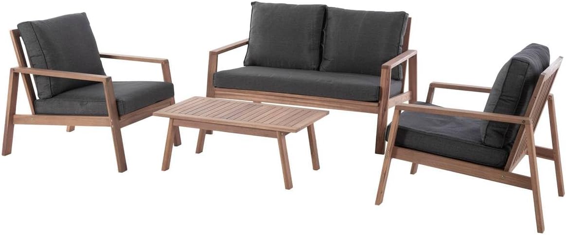 Hespéride - Salon de Jardin Tiwi Acacia et Carbone 4 Places Coussins Déhoussables, Déperlants 2 Fauteuils, 1 Canapé, 1 Table Basse pour Terasse