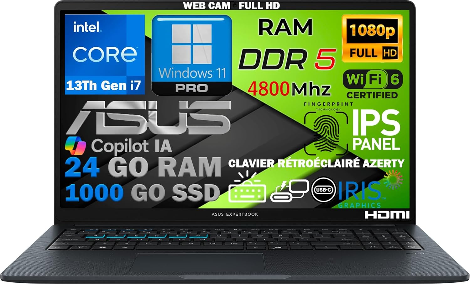 ASUS Ordinateur Portable Intel Core i7 13ᵉ Gén 10 Cœurs, RAM 24Go DDR5, SSD 1To, Écran 15.6" FHD IPS, WiFi 6E, Copilot IA, Webcam 1080p, Clavier AZERTY Rétroéclairé, Empreinte Digitale, Win 11 Pro