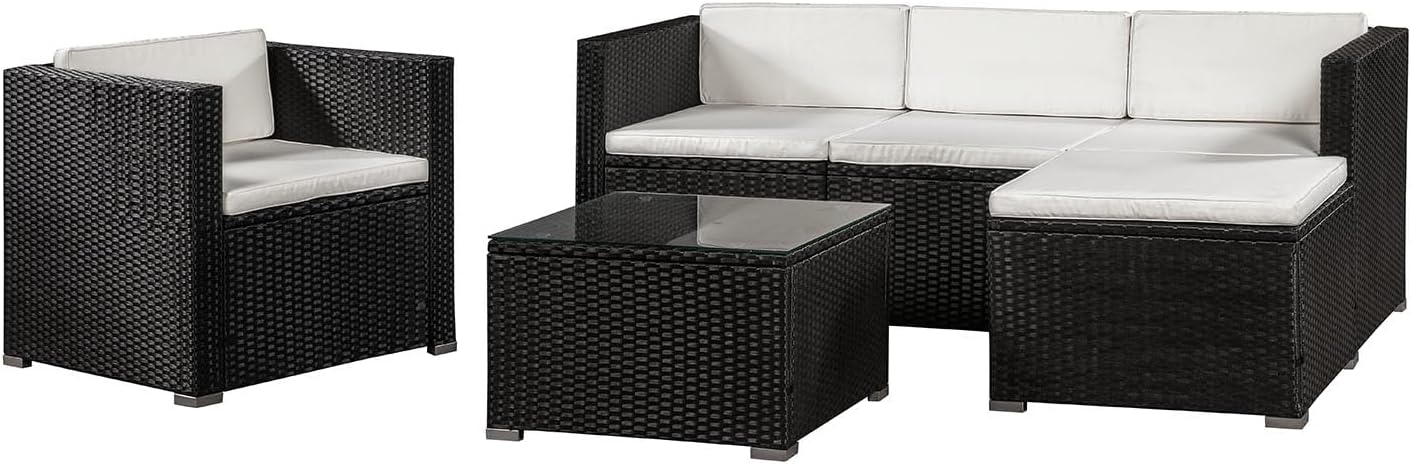 Juskys Salon de Jardin en polyrotin Lounge Punta Cana L, résistant aux intempéries - avec canapé, Fauteuil, Tabouret, Table & Coussins 4-5 Personnes Ensemble de Meubles de Jardin Noir/crème