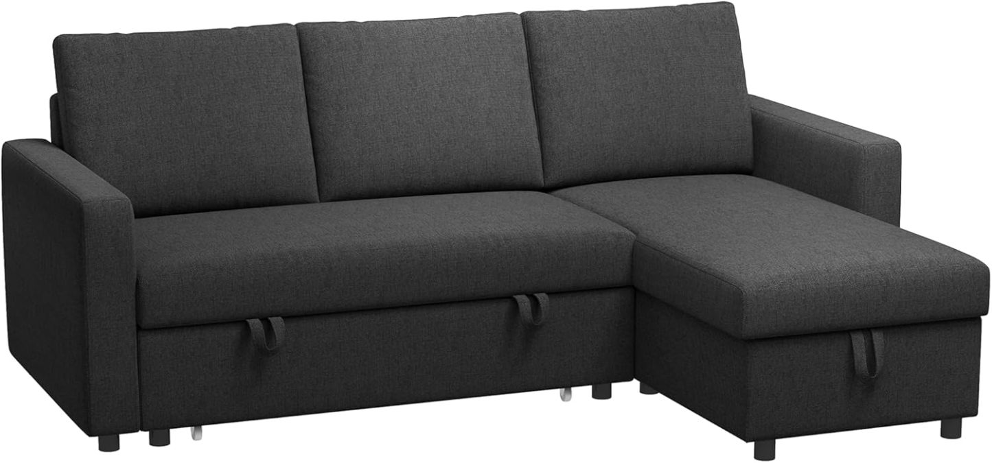 HOMCOM Canapé d'angle Convertible canapé lit canapé 3 Places modulable avec méridienne réversible, Coffre de Rangement intégré et 3 Coussins de Dossier, Tissu Aspect Lin, Noir