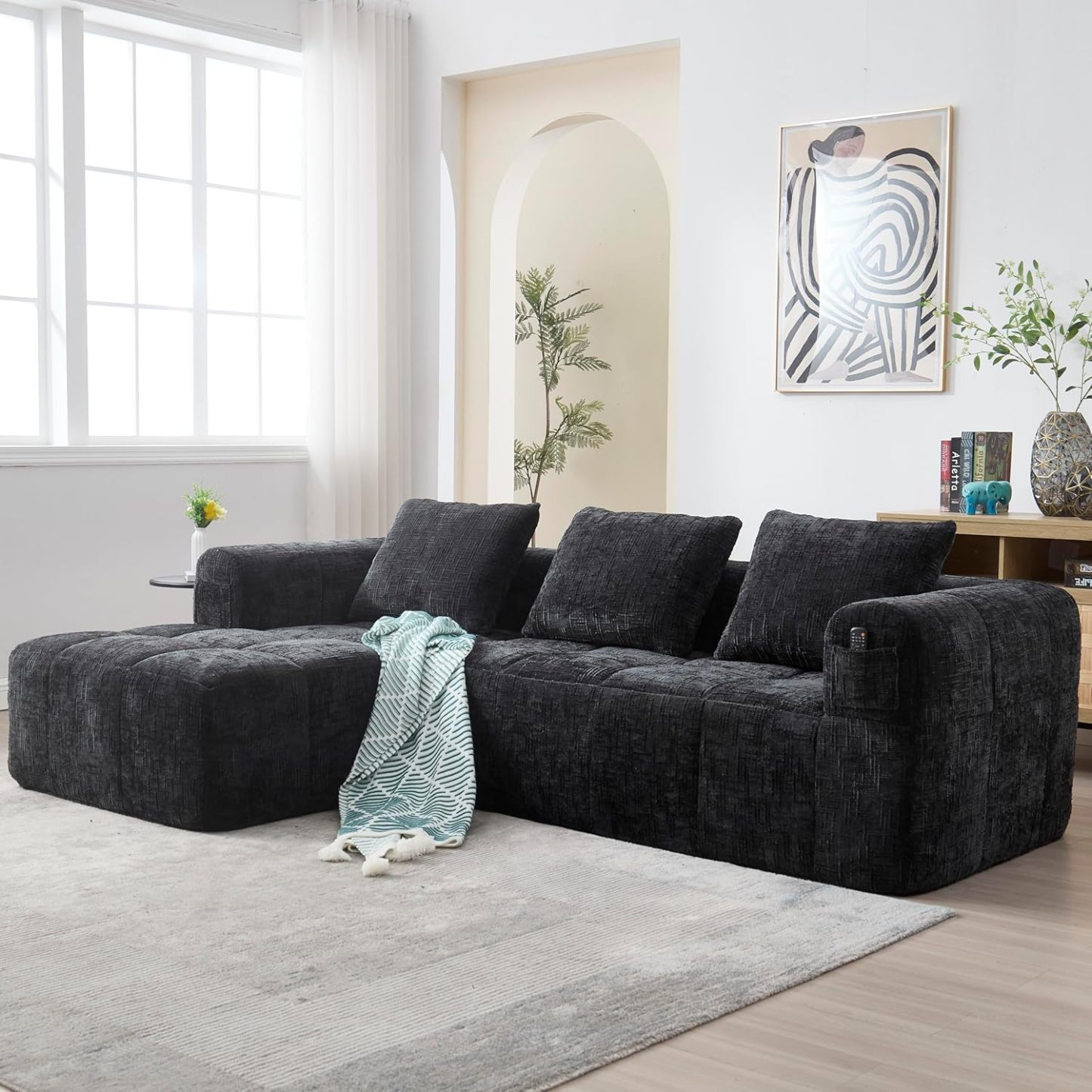 Canapé en Forme de U, 3 Places avec Méridienne, Design Moderne Rembourré avec Accoudoirs et 3 Coussins, Chenille Noir