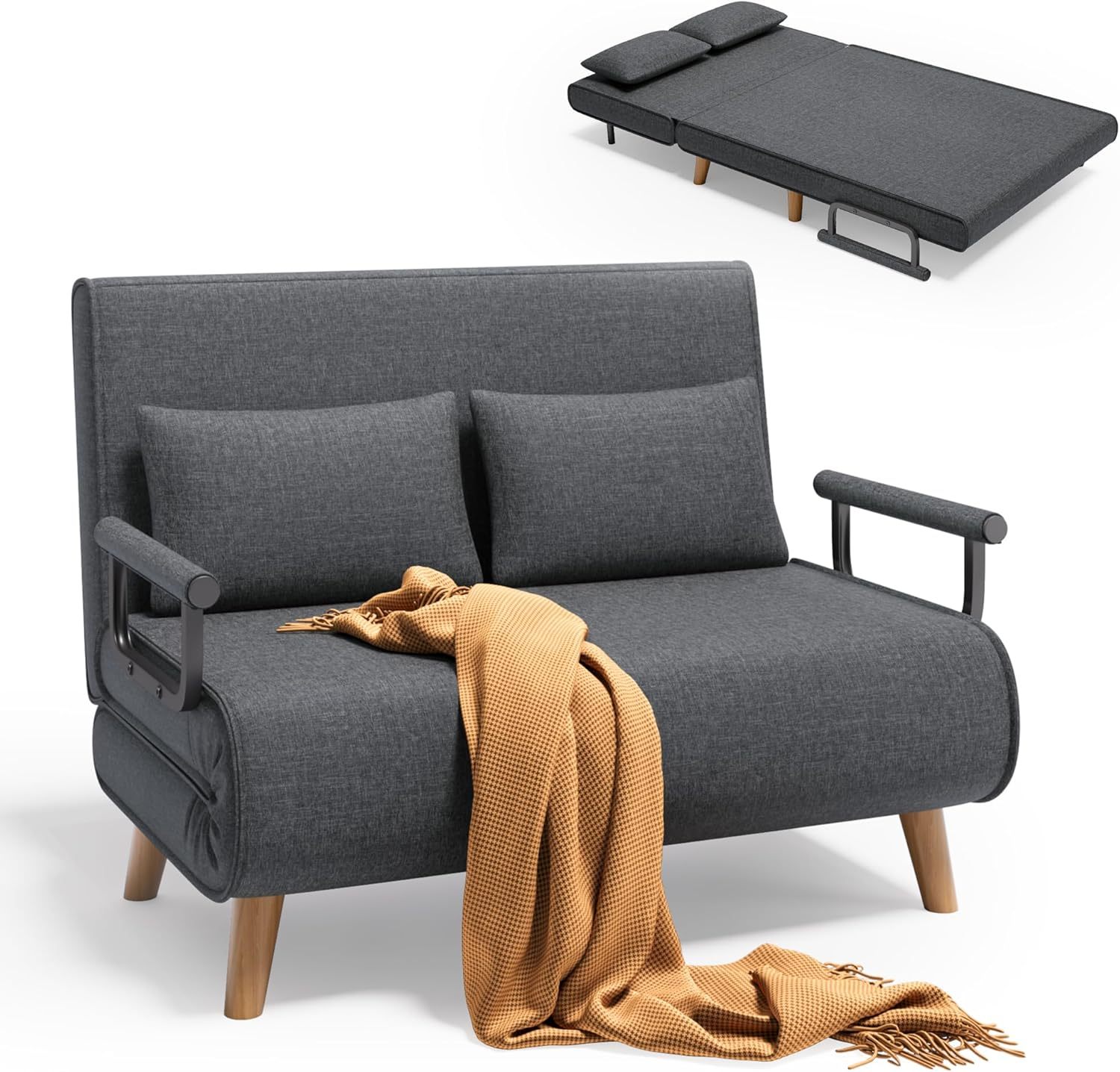 Xbro Canapé Convertible 2 Place, Fauteuil Convertible avec Dossier Réglable en 6 Positions et 2 Coussins, Fauteuil avec Fonction de Sommeil pour Petit Appartement (Gris Foncé)