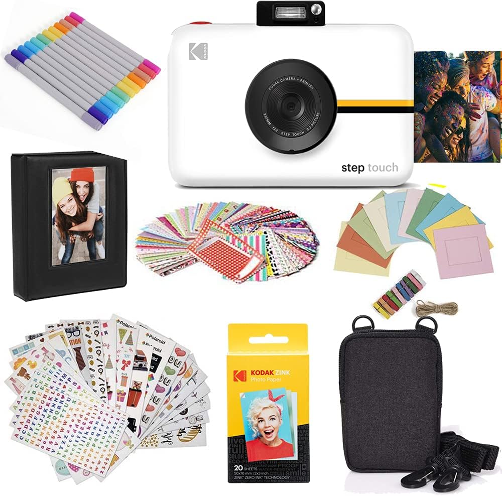 KODAK Step Touch Appareil Photo instantané avec écran Tactile LCD de 3,5 Pouces (Blanc) Bundle : étui, album, marqueurs, paquet de 20 papiers Zink, autocollants