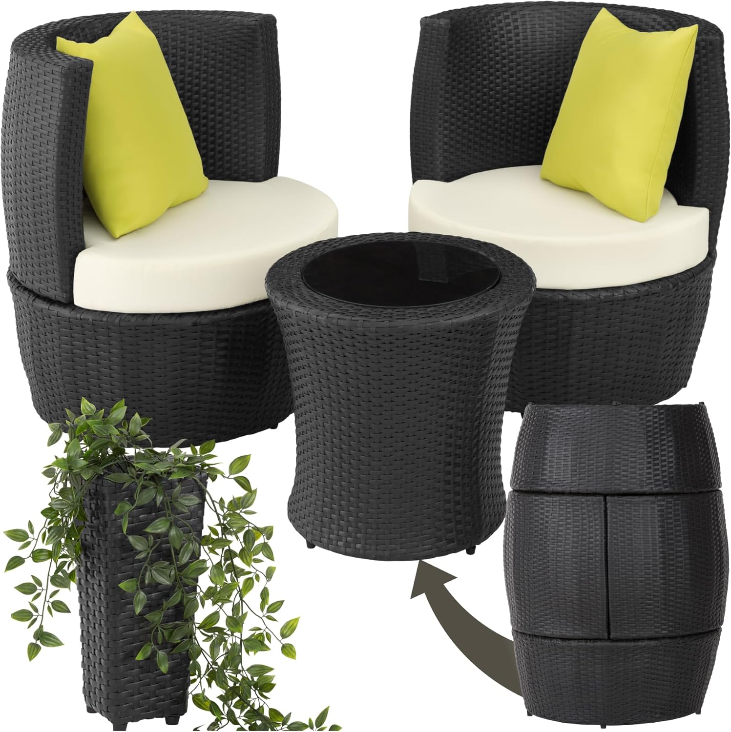 TecTake Ensemble Salon de Jardin encastrable en Poly Rotin 2 Personnes Ensemble Fauteuil Salon et Table de Jardin, Coussins & Pot de Fleur Inclus, Mobilier de Jardin pour Amenagement Balcon Terrasse