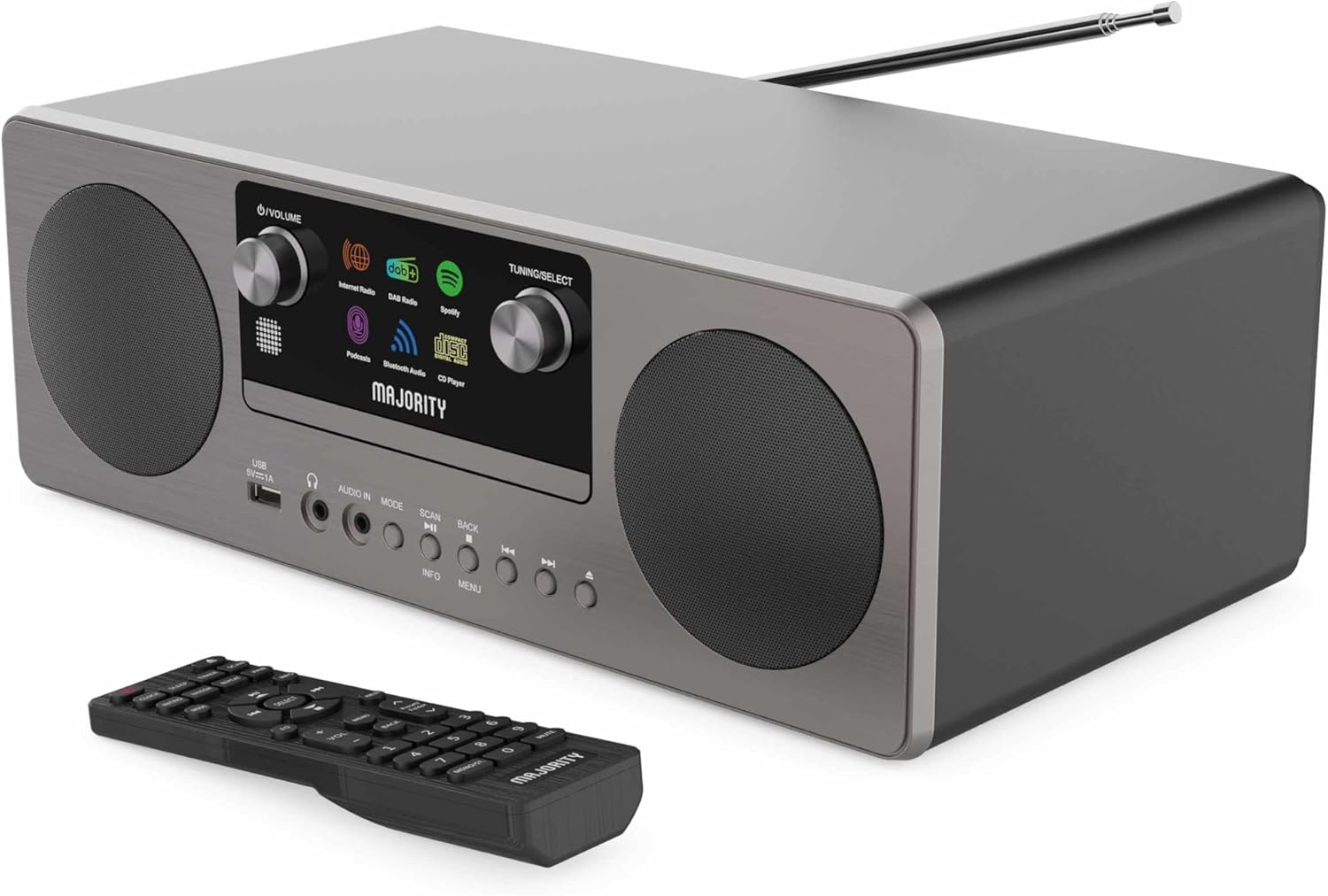 Radio Internet et Lecteur CD Bluetooth 100W I Dab, Dab+, WiFi Smart Stéréo et Radio FM I Plug & Play, Réveil et Spotify Connect avec connexions AUX, USB et Prise Casque I Majority Humboldt