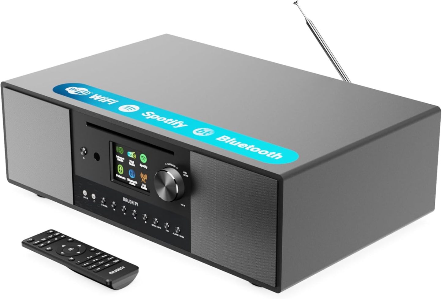 Radio Internet, Lecteur CD, Radio FM Dab+ et Caisson de Basses Puissant | Système Stéréo 2.1 120W | Bluetooth Activé | Spotify Connect et Podcasts | MAJORITY Quadriga
