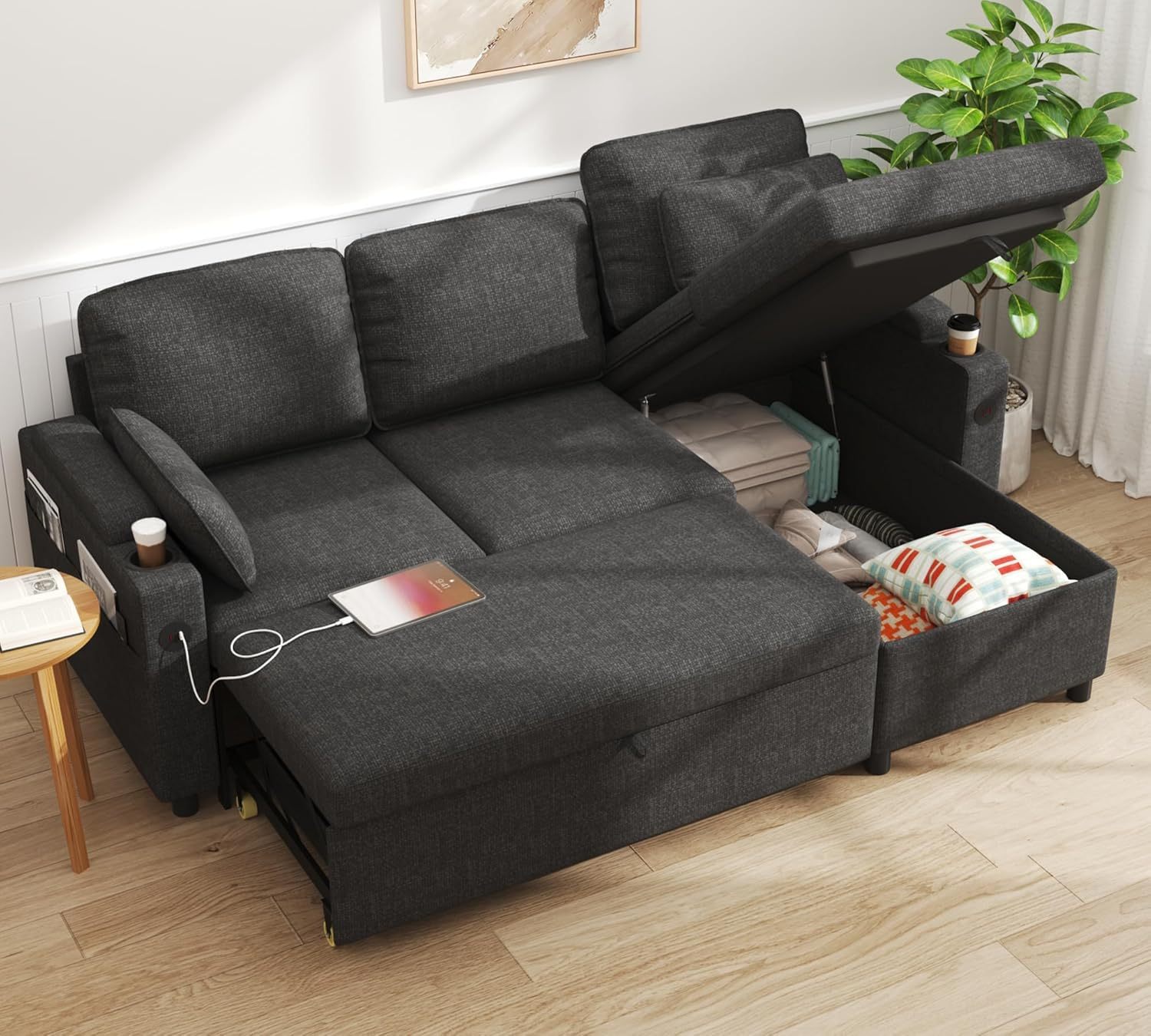 DURASPACE Canapé d'angle Convertible, Canapé Lit 3 Places en L avec Chaise Réversible, Canapé avec Rangement, Port USB et Porte-gobelet