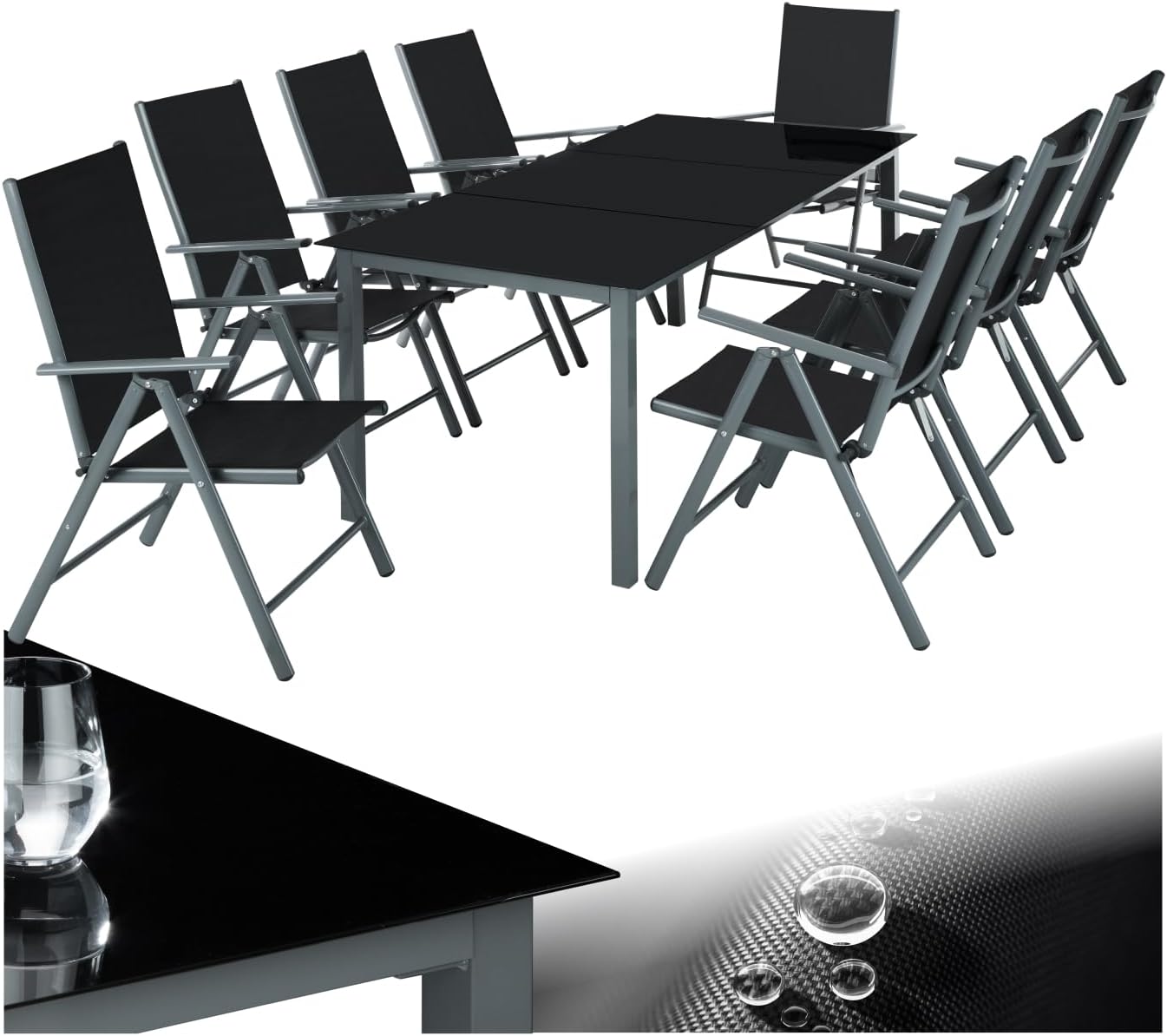 TecTake Salon de Jardin Extérieur en Aluminium - 8 Fauteuils Inclinables Pliables, 1 Table - Facile d'Entretien, Mobilier pour Aménagement Balcon Terrasse