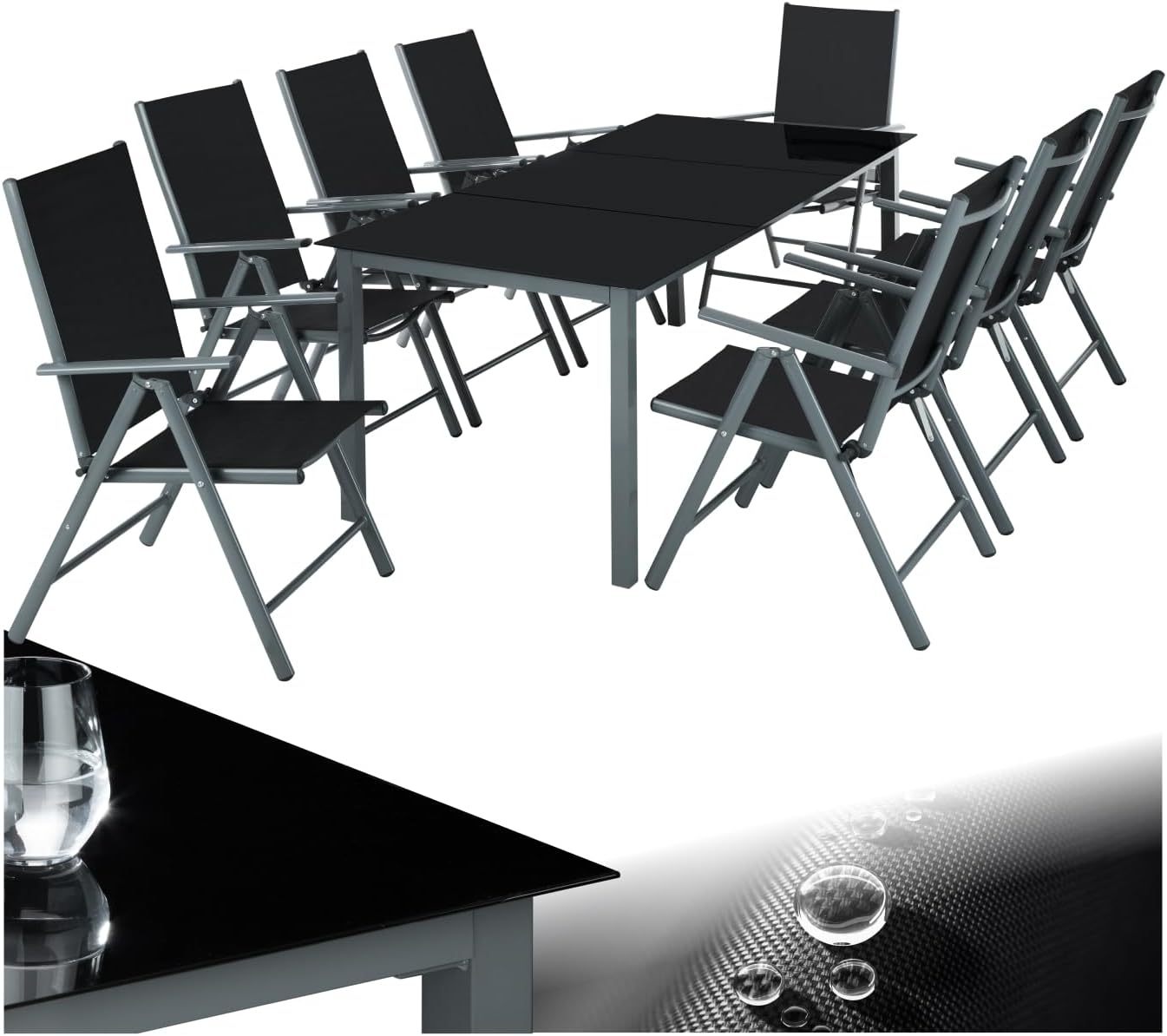 TecTake Salon de Jardin Extérieur en Aluminium - 8 Fauteuils Inclinables Pliables, 1 Table - Facile d'Entretien, Mobilier pour Aménagement Balcon Terrasse