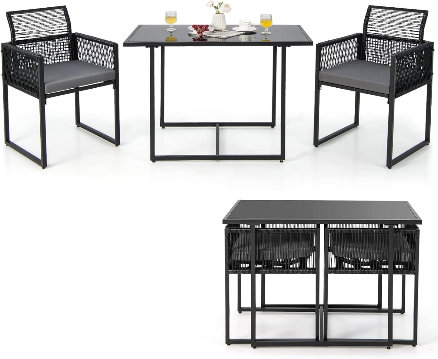 COSTWAY Ensemble de Meubles de Patio 3 Pcs en Rotin PE avec Dossier Pliant Charge 150KG, Salon de Jardin avec Coussins Plateau de Table en Verre Trempé, pour Jardin Bord de Piscine