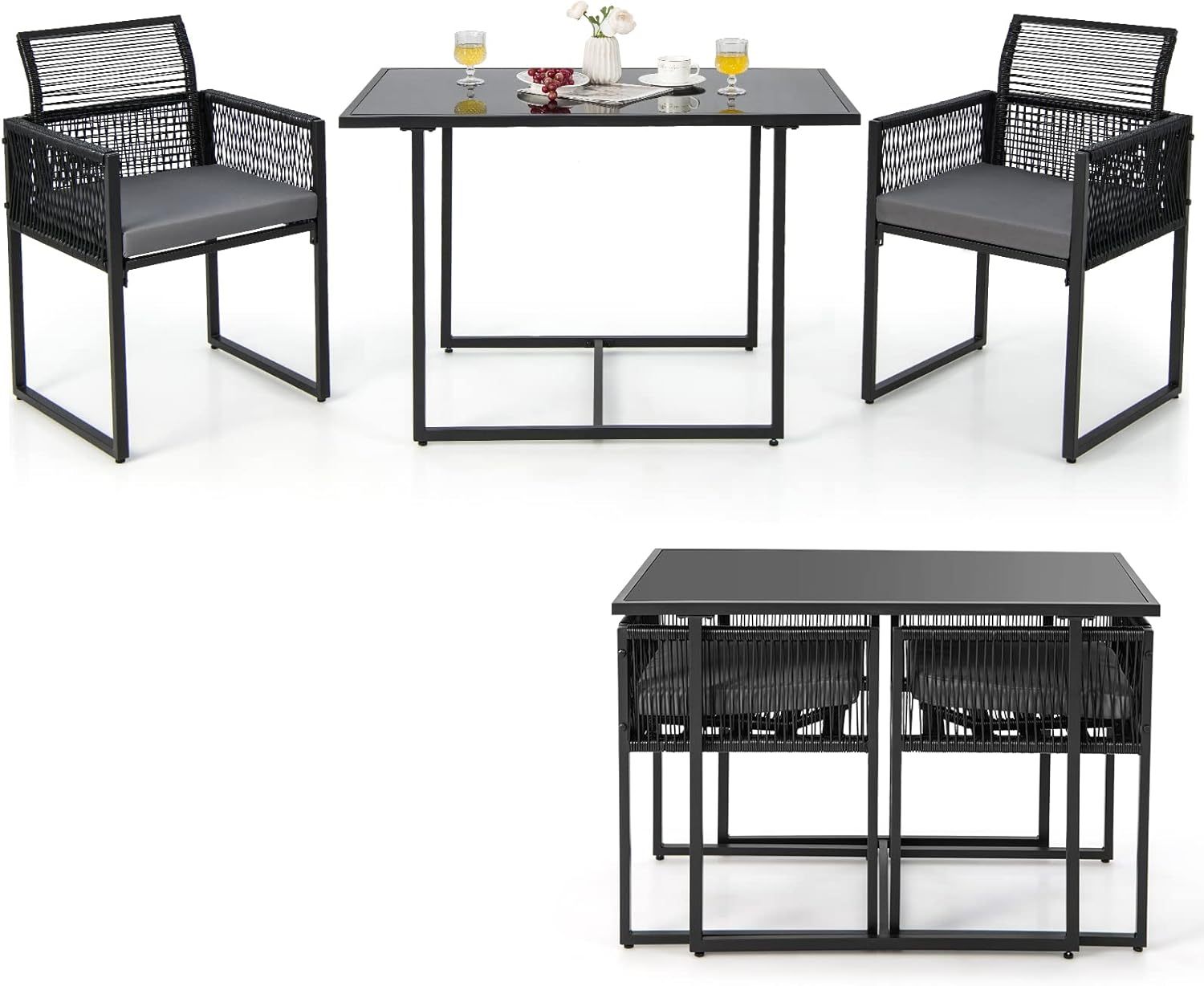 COSTWAY Ensemble de Meubles de Patio 3 Pcs en Rotin PE avec Dossier Pliant Charge 150KG, Salon de Jardin avec Coussins Plateau de Table en Verre Trempé, pour Jardin Bord de Piscine
