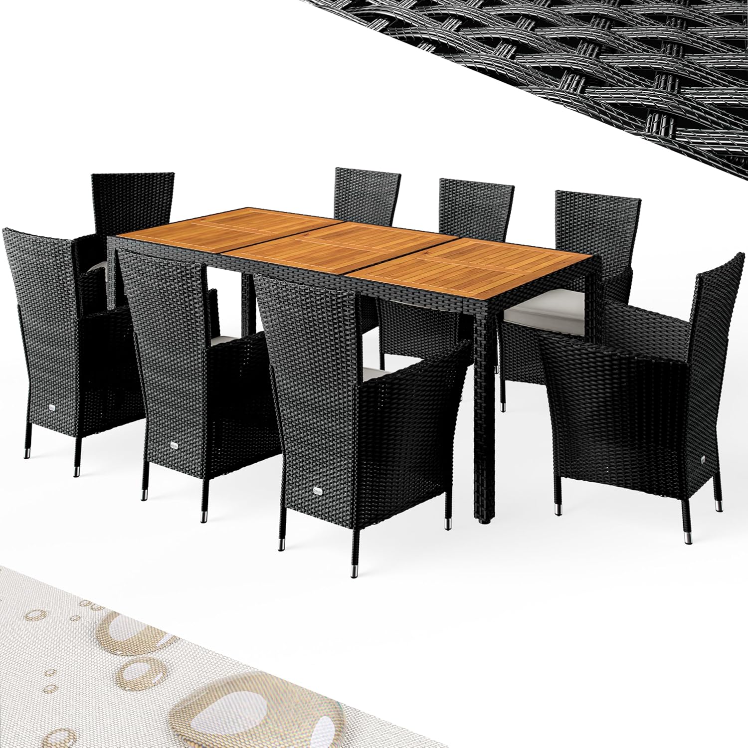 Casaria Ensemble Salon de Jardin 9 pièces polyrotin Noir Set 1 Table + 8 chaises avec Coussins Bois d'acacia Exterieur