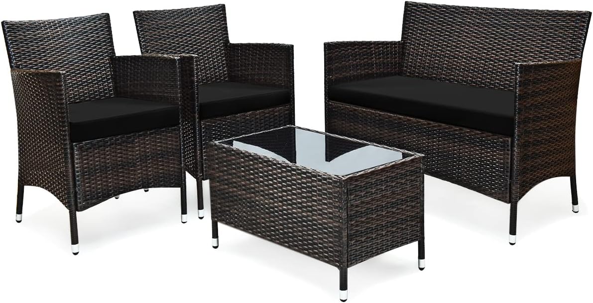 GIANTEX Salon de Jardin Extérieur 4 Personnes, Ensemble de Meubles en Rotin PE, Mobilier de Jardin avec Coussins et Table Basse en Verre, Charge 160-320KG (Marron+Noir)