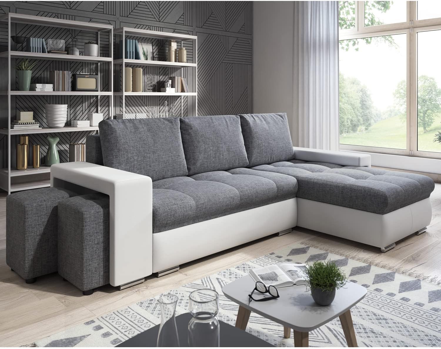 Canapé d'angle Simon 255 cm - Convertible et réversible avec Coffre - 3 Places - Simili Blanc/Tissu Gris + 2 poufs