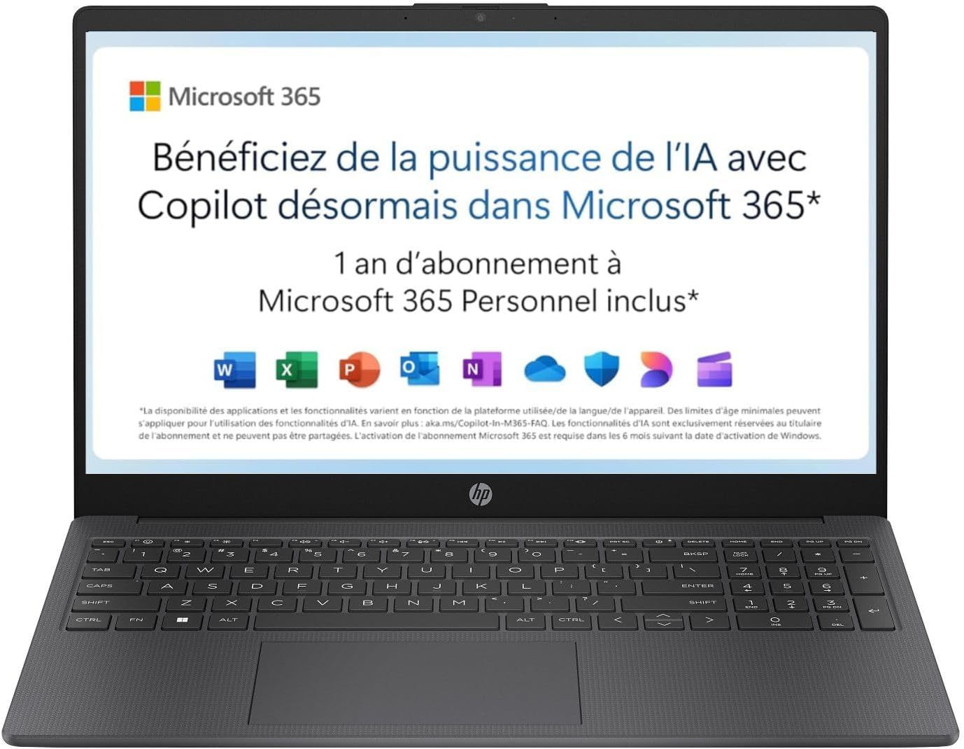 HP 15-fd0001sf Ordinateur Portable 15,6" FHD, PC Portable (Intel Celeron N100, RAM 4 Go, UFS 128 Go, Intel UHD Graphics, Windows 11), Laptop Gris, AZERTY, Microsoft 365 Personnel 12 Mois Inclus