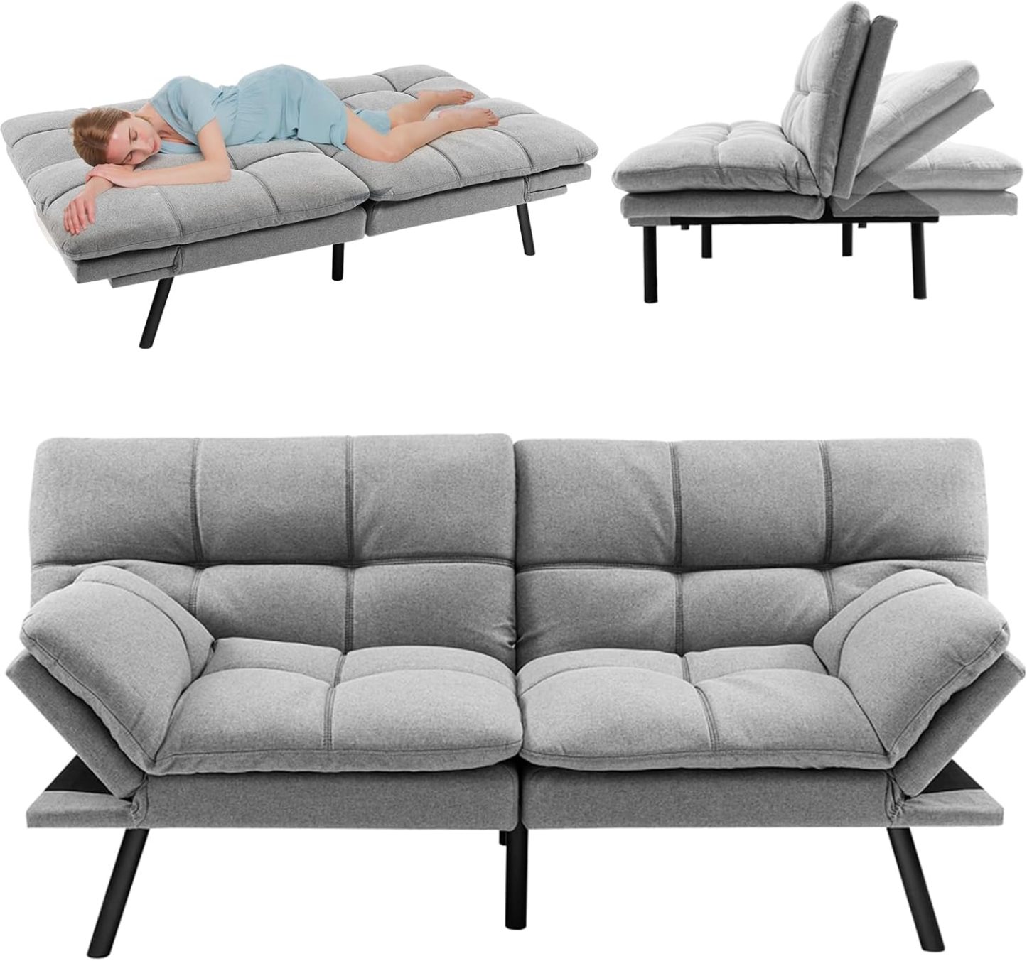 RELAX4LIFE Canapé-lit Convertible 5-en-1 avec Dossier Réglables à 3 Niveaux | Accoudoirs Réglables à 4 Niveaux| Pieds en Métal, Canapé-Lit Moderne à Dossier Divisé en Mousse à Mémoire