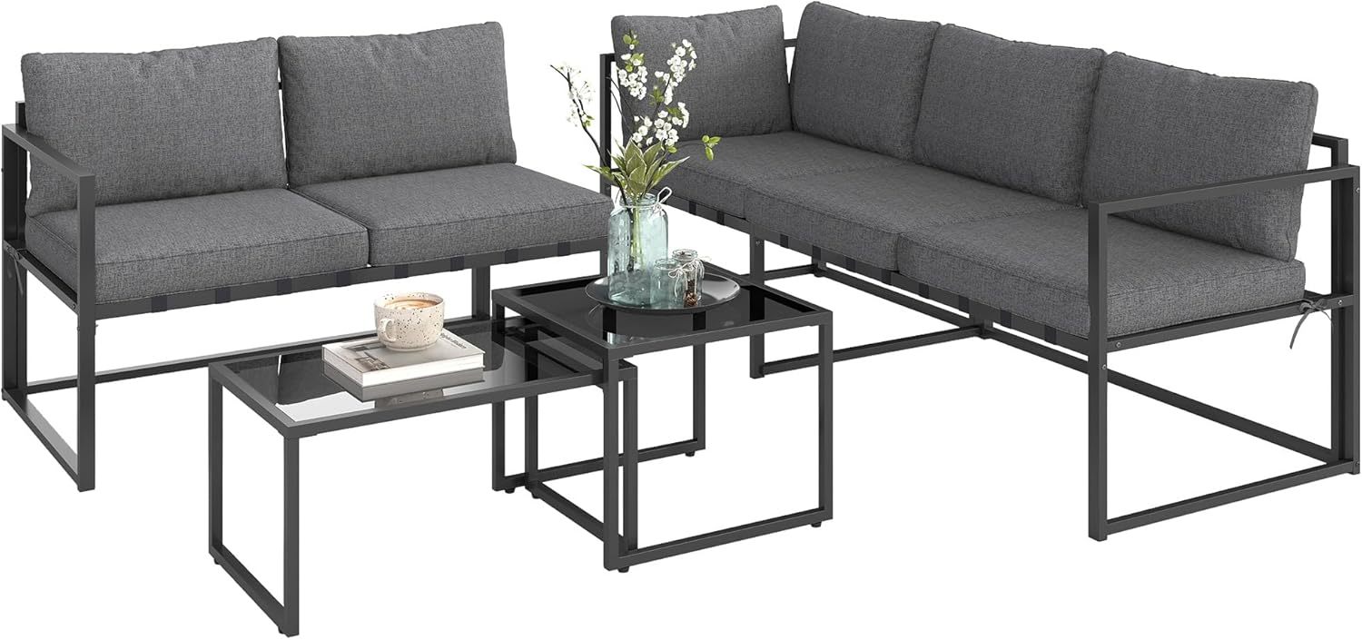 Outsunny Salon de Jardin extérieur d'angle 4 pièces avec canapé 3 Places, canapé 2 Places et 2 Tables Basses gigognes en Verre trempé, mobilier de Jardin Coussins Inclus, pour terrasse Veranda, Gris
