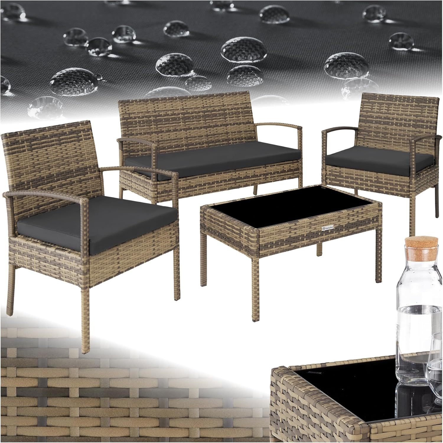 TecTake Ensemble Salon de Jardin Exterieur en Poly Rotin Canapé 2 Places 2 Fauteuil Salon et 1 Table de Jardin, Mobilier de Jardin pour Amenagement Balcon Terrasse Veranda