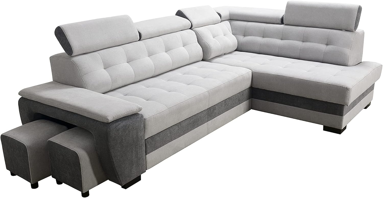 Robin Grand canapé d'angle Convertible avec Coffre de Rangement et Deux tabourets - Canapé d'angle autoportant en Forme de L - Appuie-tête réglables