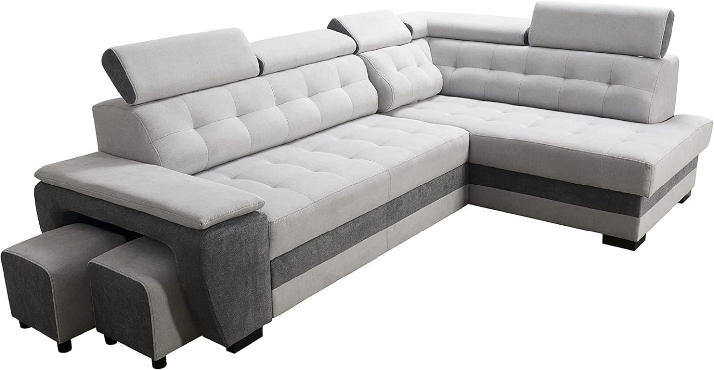 Robin Grand canapé d'angle Convertible avec Coffre de Rangement et Deux tabourets - Canapé d'angle autoportant en Forme de L - Appuie-tête réglables