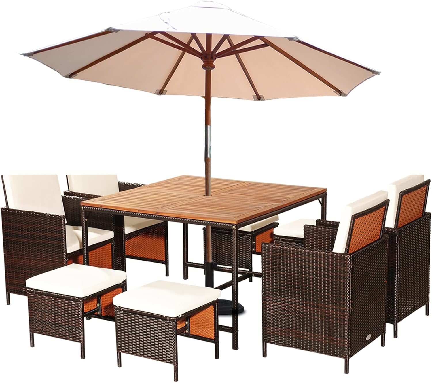 GYMAX Table de Jardin Extérieur avec 4 Chaises et 4 Tabourets, Salons Jardin Exterieur Rotin 9 Pièces pour 8 Personnes, Table à Manger en Bois d'Acacia avec Trous pour Parasol, Coussin Confortable