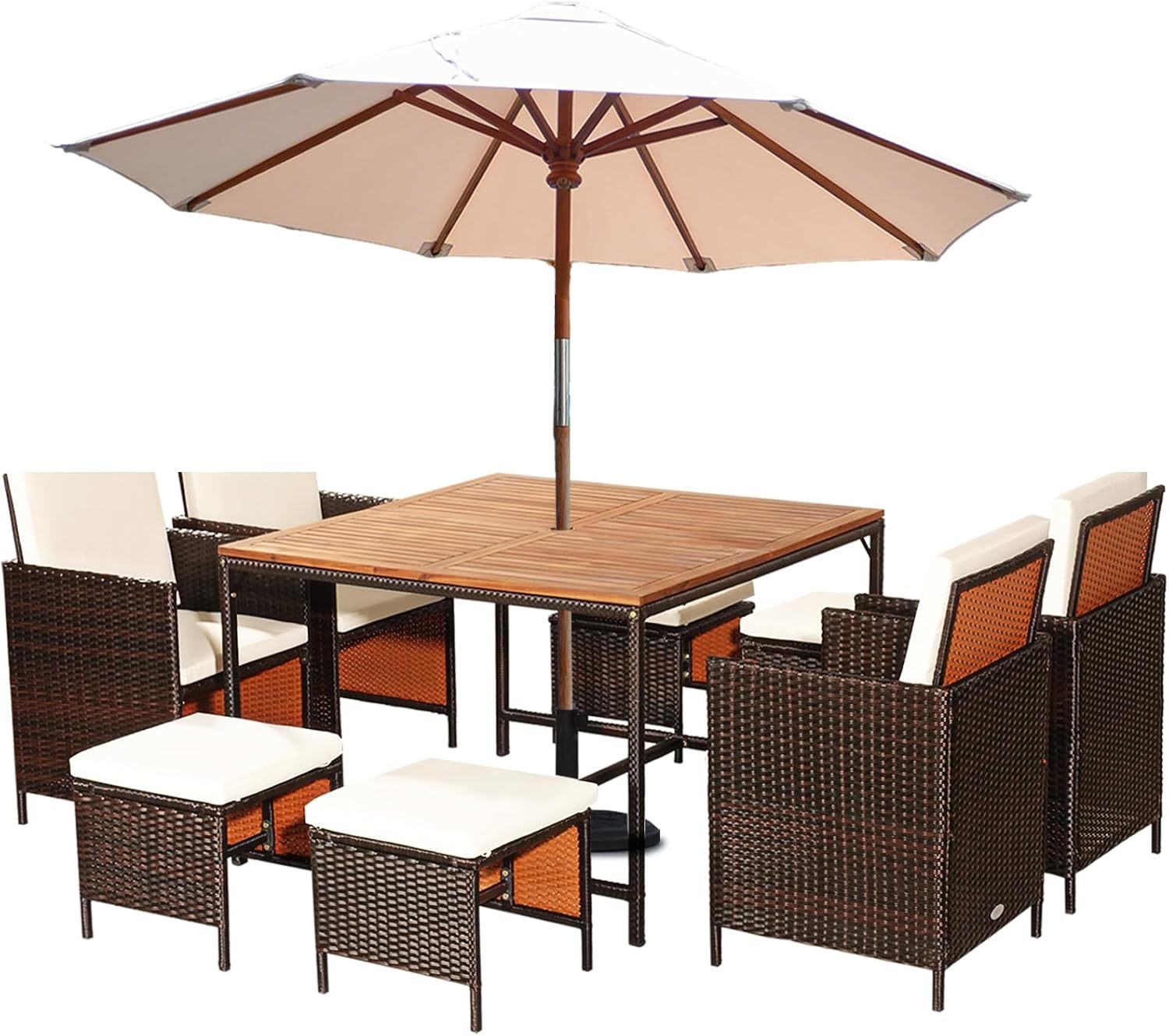 GYMAX Table de Jardin Extérieur avec 4 Chaises et 4 Tabourets, Salons Jardin Exterieur Rotin 9 Pièces pour 8 Personnes, Table à Manger en Bois d'Acacia avec Trous pour Parasol, Coussin Confortable
