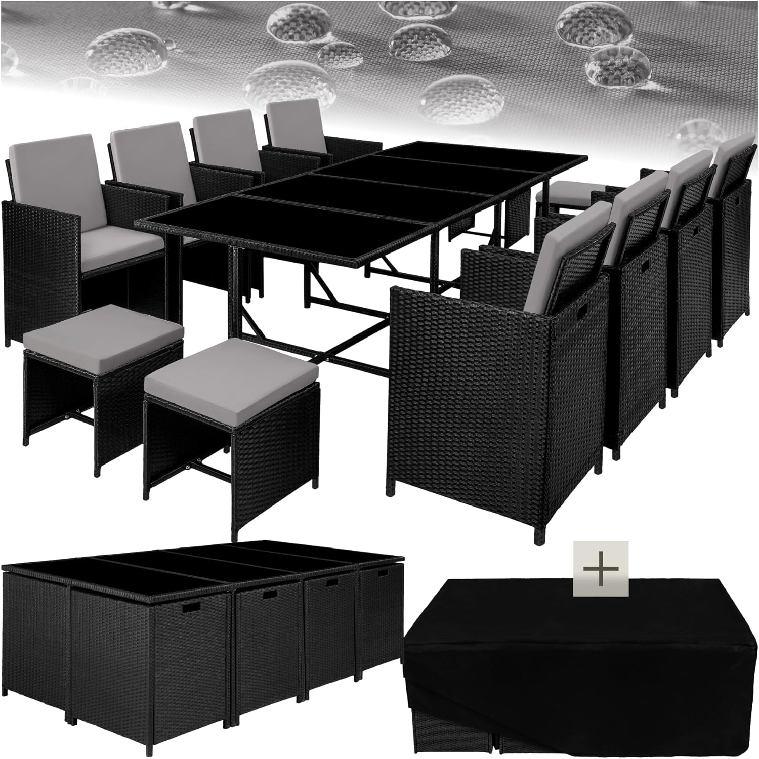 TecTake Salon de Jardin en Résine Tressée - Ensemble Repas Extérieur 8 Chaises Confortables 4 Tabourets 1 Table - Mobilier pour Aménagement Balcon Terrasse - Noir/Gris