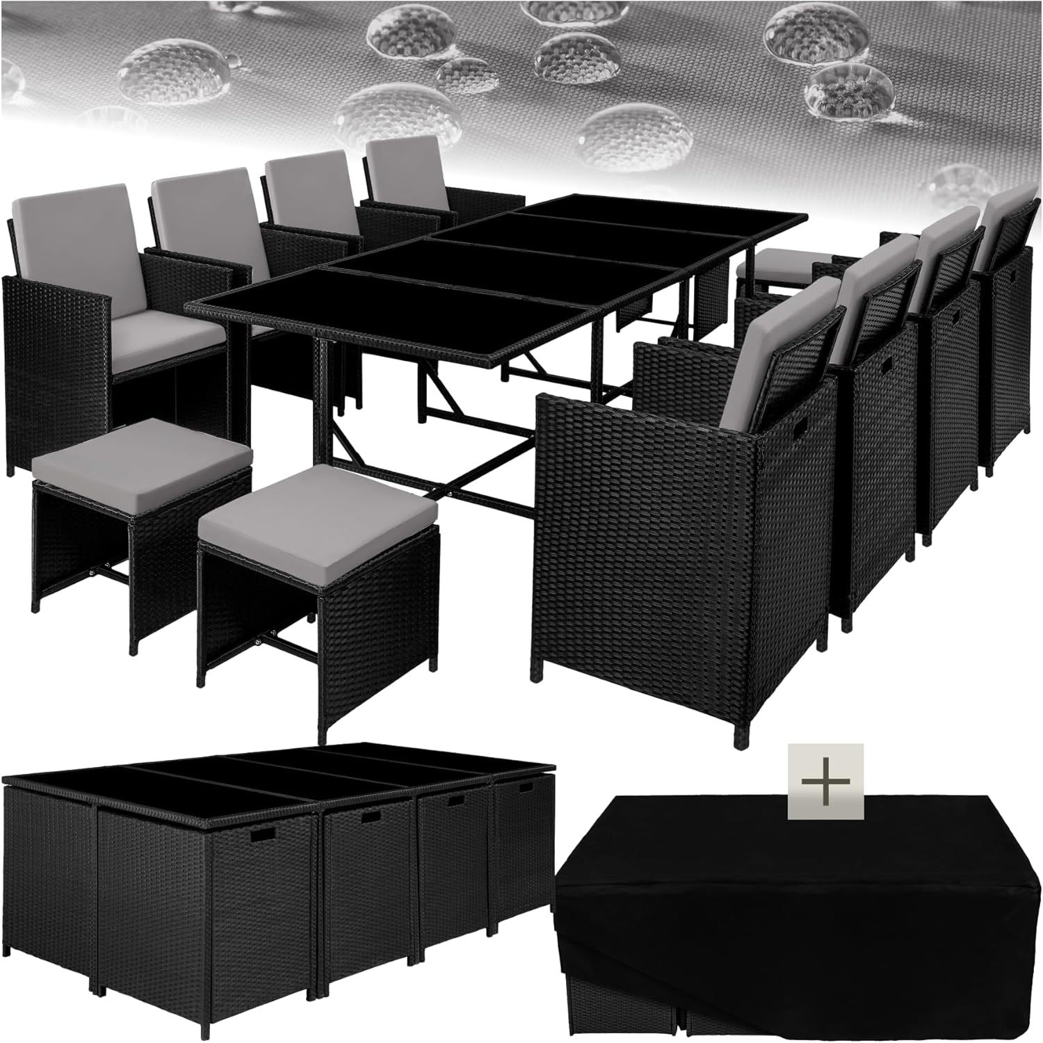 TecTake Salon de Jardin en Résine Tressée - Ensemble Repas Extérieur 8 Chaises Confortables 4 Tabourets 1 Table - Mobilier pour Aménagement Balcon Terrasse - Noir/Gris