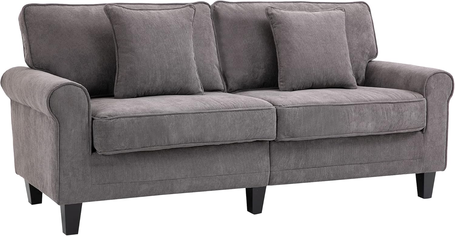 HOMCOM Canapé 3 Places en Tissu Velours côtelé, canapé Salon, 197 cm, avec accoudoirs et Dossier rembourrées, canapé avec 2 oreillers, Pieds en Bois Massif de pin, pour Salon, Chambre, Bureau, Gris